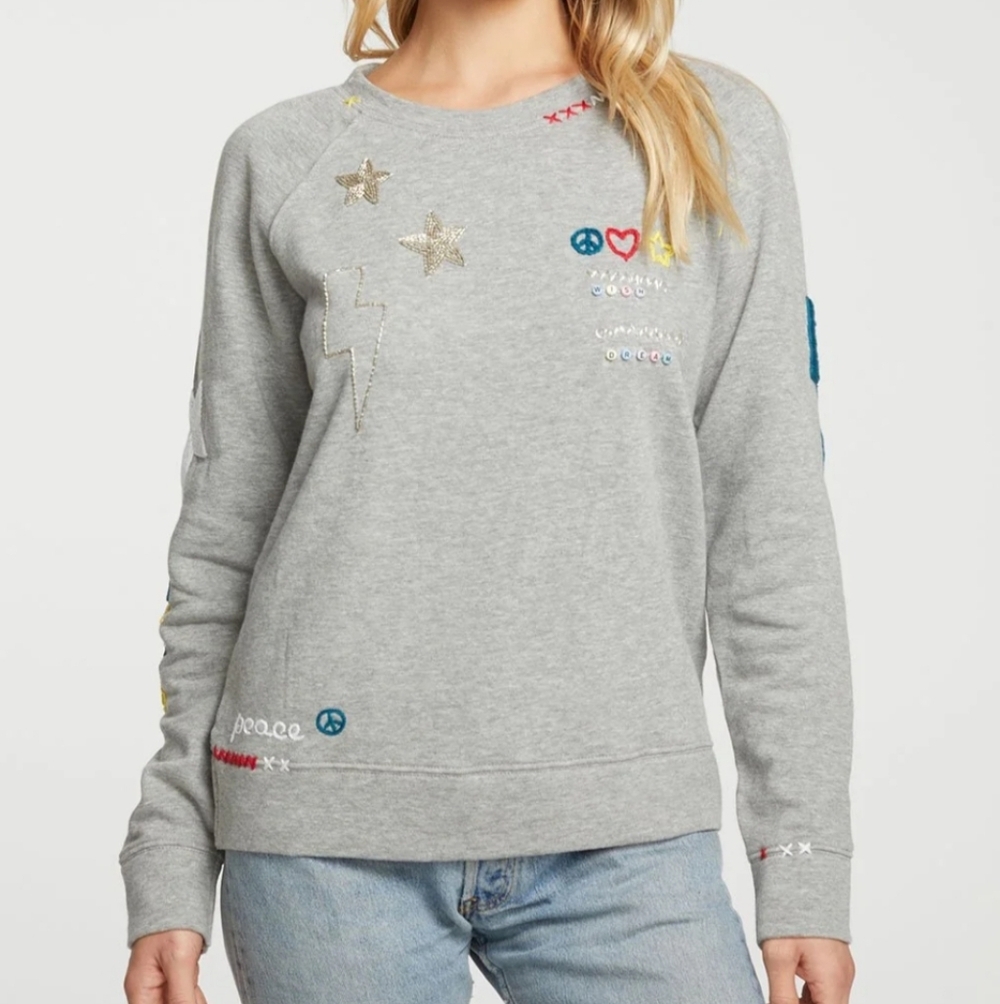 Chaser Happy Peace Sweatshirt Size XS NWT Embroidered